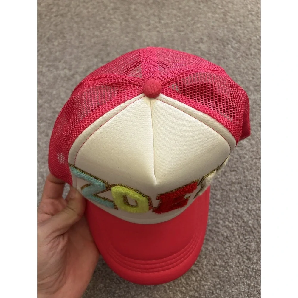 Y2K Vintage Trucker Hat Girls OS Pink Excellent Zoey Chenille Glitter Patch Mesh